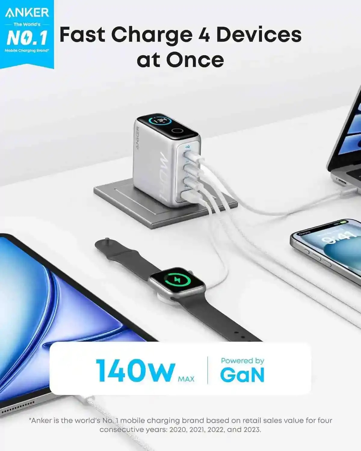 Anker Zolo 140W 4-Port Multi Device Charging GaN Power Adapter With Type-C Cable 3